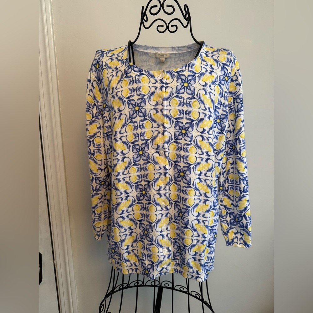 Talbots Blue and Yellow Printed Button-Front Women’s Shirt